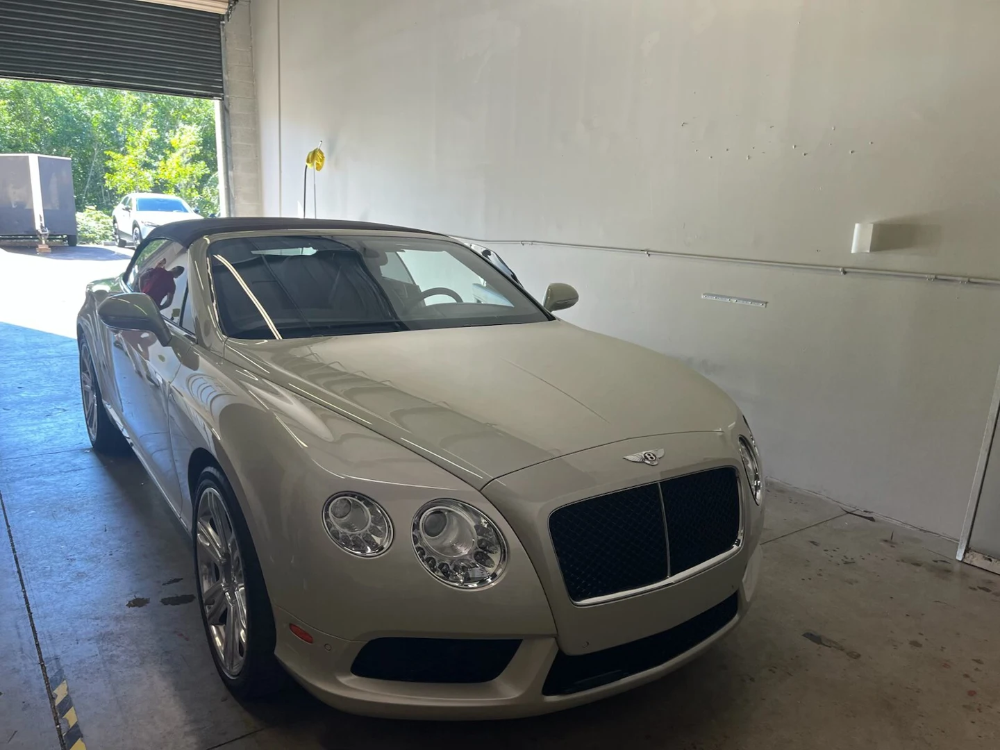 Pearl white Bentley Continental GTC at Tamiami’s shop for window tinting